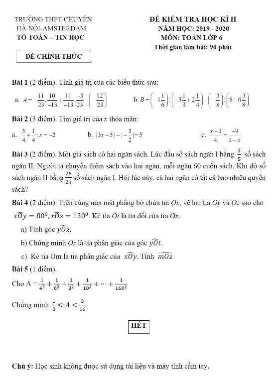 đề thi học kỳ 2 toán 6 năm 2019 – 2020 trường thpt chuyên hà nội – amsterdam