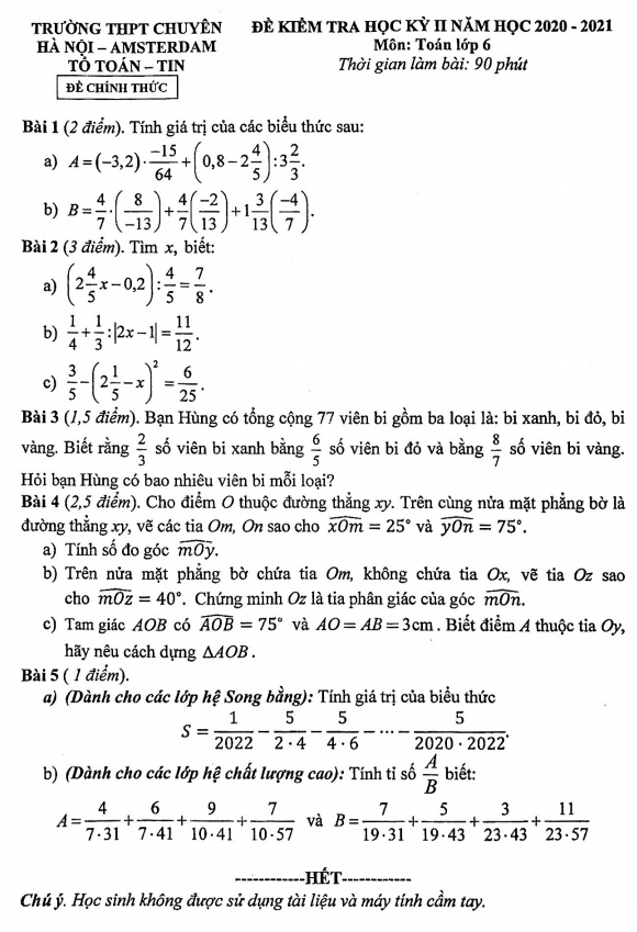đề thi học kỳ 2 toán 6 năm 2020 – 2021 trường chuyên hà nội – amsterdam