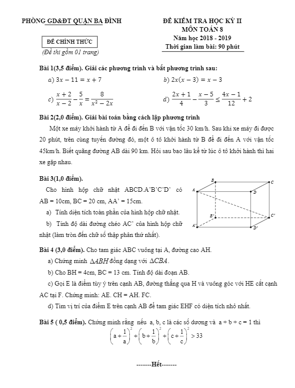 đề thi học kỳ 2 toán 8 năm 2018 – 2019 phòng gd&đt ba đình – hà nội
