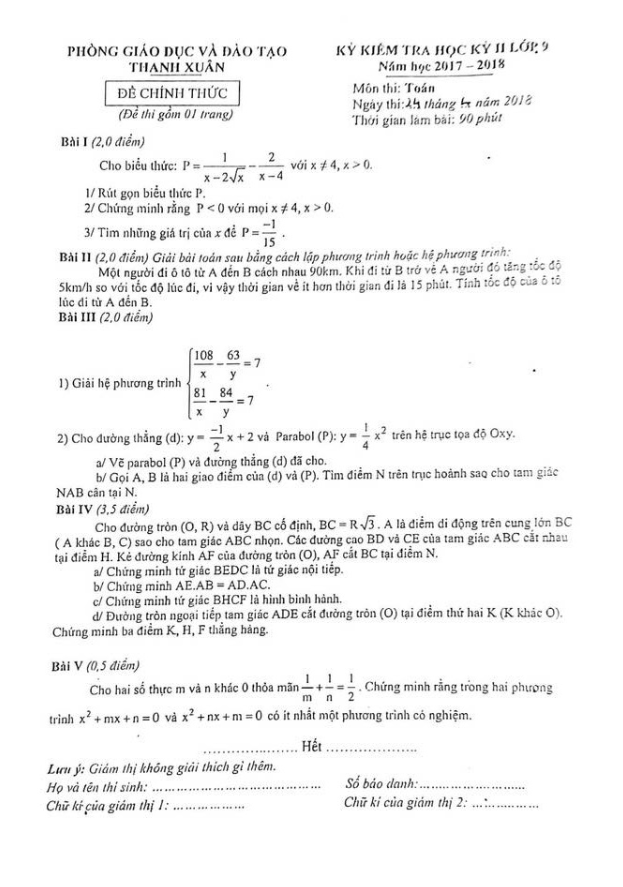 đề thi học kỳ 2 toán 9 năm học 2017 – 2018 phòng gd và đt thanh xuân – hà nội