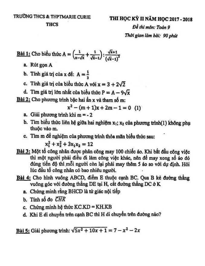đề thi học kỳ 2 toán 9 năm học 2017 – 2018 trường marie curie – hà nội