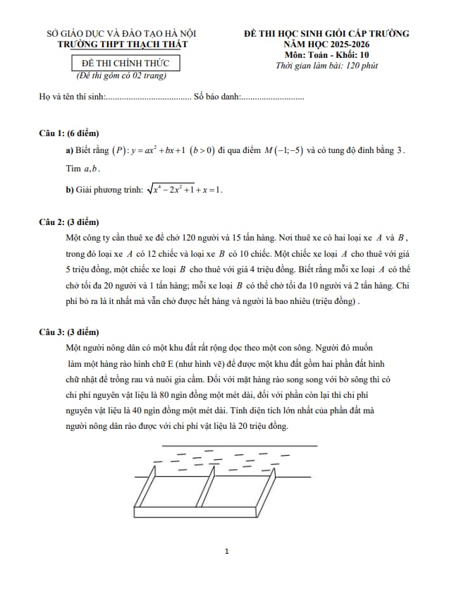 đề thi học sinh giỏi toán 10 năm 2025 – 2026 trường thpt thạch thất – hà nội