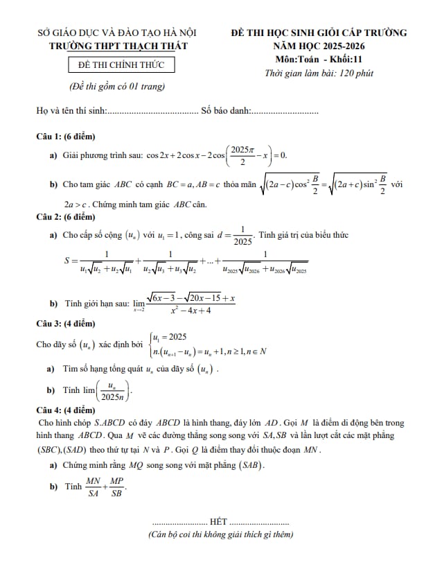 đề thi học sinh giỏi toán 11 năm 2025 – 2026 trường thpt thạch thất – hà nội