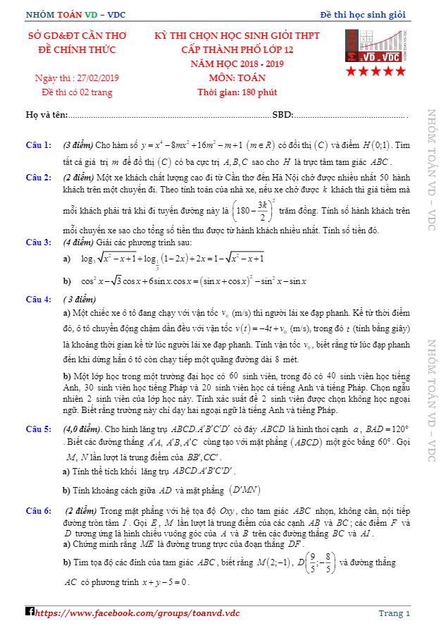 đề thi học sinh giỏi toán 12 thpt năm 2018 – 2019 sở gd&đt cần thơ