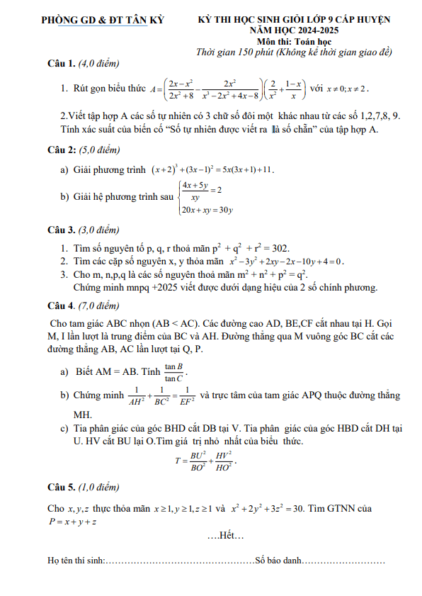 đề thi học sinh giỏi toán 9 năm 2024 – 2025 phòng gd&đt tân kỳ – nghệ an