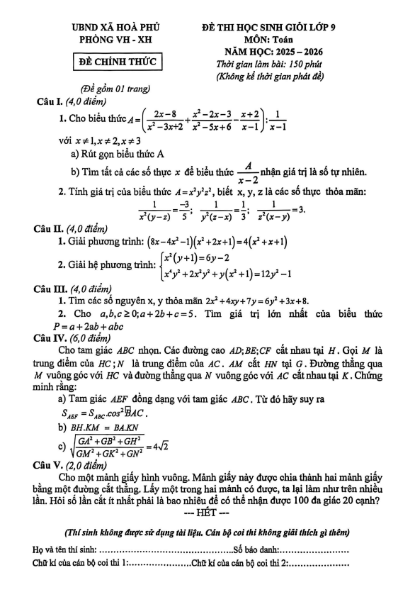 đề thi học sinh giỏi toán 9 năm 2025 – 2026 xã hòa phú – hà nội