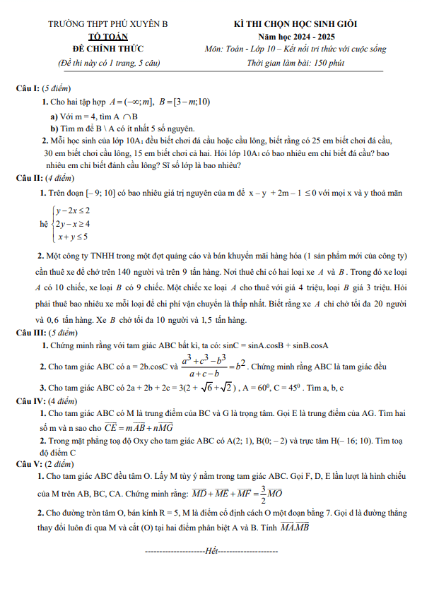 đề thi hsg toán 10 knttvcs năm 2024 – 2025 trường thpt phú xuyên b – hà nội