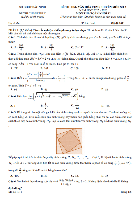 đề thi hsg toán 12 năm 2025 – 2026 cụm chuyên môn số 3 – bắc ninh