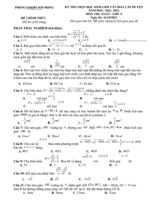 đề thi hsg toán 9 cấp huyện năm 2021 – 2022 phòng gd&đt sơn động – bắc giang