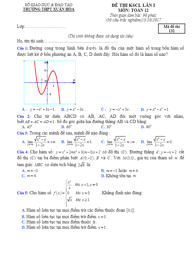 đề thi khảo sát chất lượng lần 1 môn toán 12 trường thpt xuân hòa – vĩnh phúc