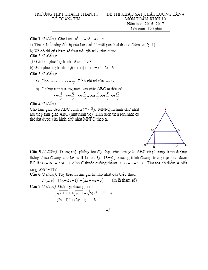đề thi khảo sát chất lượng toán 10 năm học 2016 – 2017 trường thpt thạch thành 1 – thanh hóa lần 4