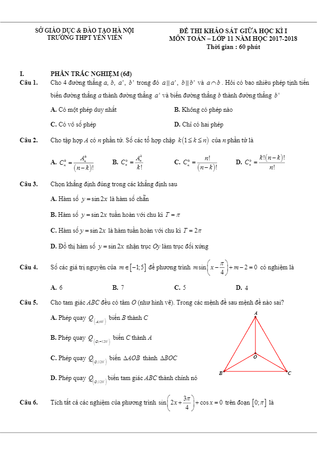 đề thi khảo sát giữa học kỳ i môn toán 11 năm học 2017 – 2018 trường thpt yên viên – hà nội