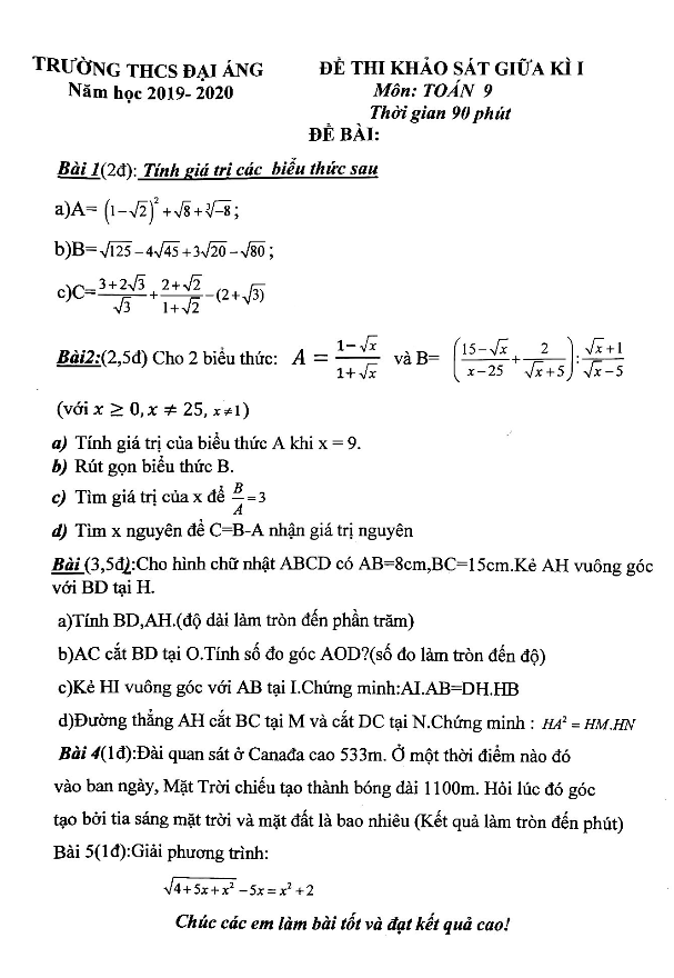 đề thi khảo sát giữa kì 1 toán 9 năm 2019 – 2020 trường thcs đại áng – hà nội