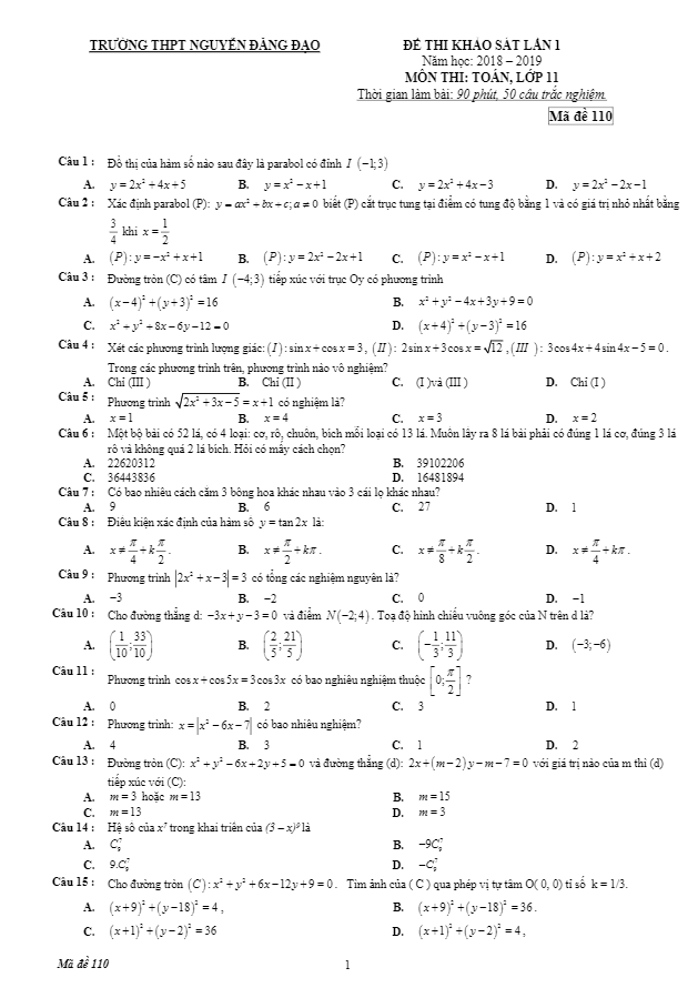 đề thi khảo sát toán 11 năm 2018 – 2019 trường thpt nguyễn đăng đạo – bắc ninh