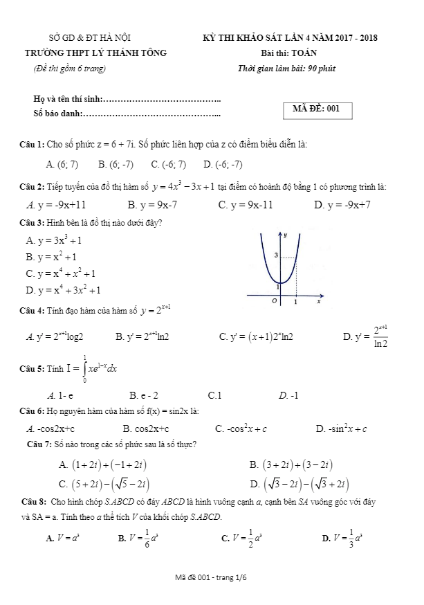 đề thi khảo sát toán 12 năm 2018 trường thpt lý thánh tông – hà nội lần 4