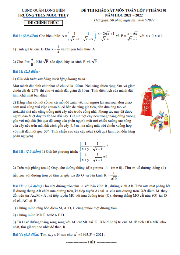 đề thi khảo sát toán 9 tháng 01 năm 2022 trường thcs ngọc thụy – hà nội