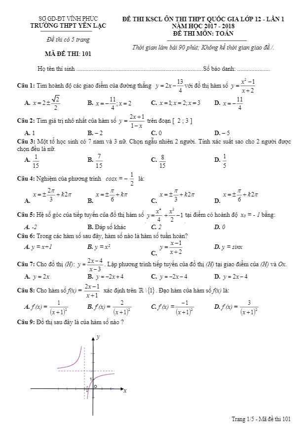 đề thi kscl ôn thi thpt quốc gia toán 12 lần 1 năm học 2017 – 2018 trường yên lạc – vĩnh phúc