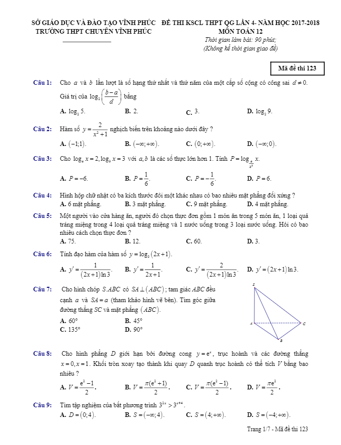 đề thi kscl thptqg 2018 môn toán trường thpt chuyên vĩnh phúc lần 4
