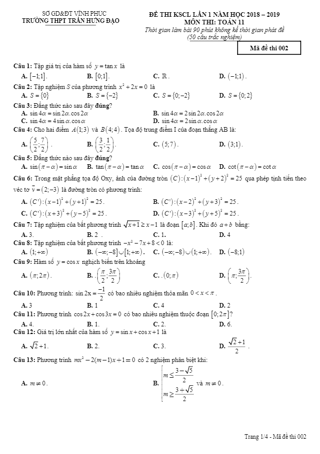 đề thi kscl toán 11 lần 1 năm 2018 – 2019 trường trần hưng đạo – vĩnh phúc
