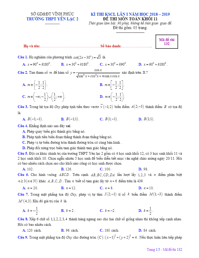 đề thi kscl toán 11 lần 1 năm 2018 – 2019 trường yên lạc 2 – vĩnh phúc