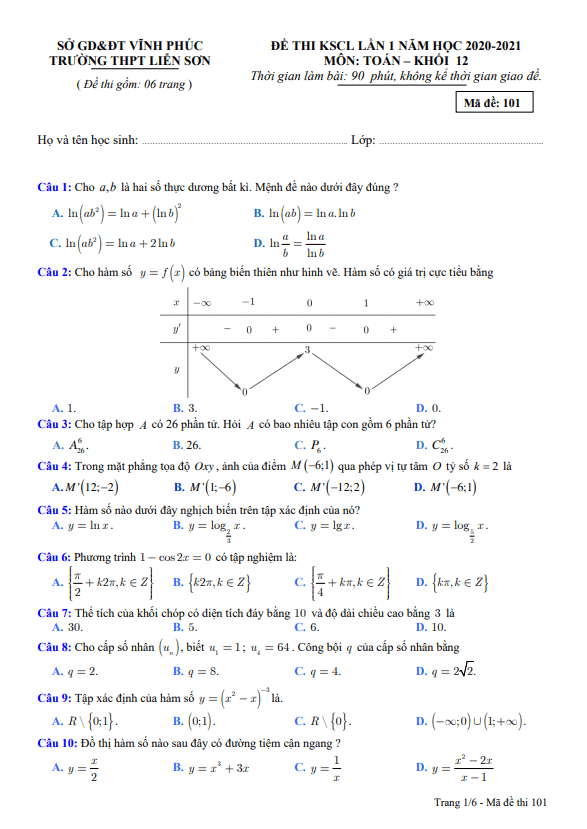 đề thi kscl toán 12 lần 1 năm 2020 – 2021 trường thpt liễn sơn – vĩnh phúc