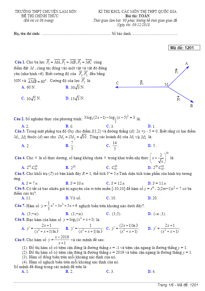 đề thi kscl toán ôn thi thpt quốc gia 2019 trường thpt chuyên lam sơn – thanh hóa