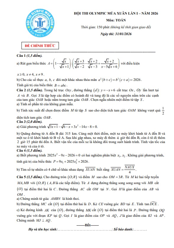 đề thi olympic mùa xuân toán 9 lần 1 năm 2026 trường chuyên lê thánh tông – đà nẵng