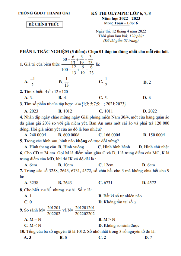 đề thi olympic toán 6 năm 2022 – 2023 phòng gd&đt thanh oai – hà nội