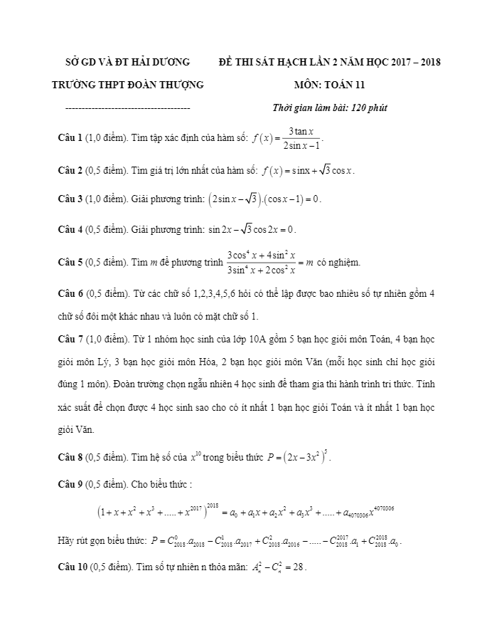 đề thi sát hạch toán 11 lần 2 năm học 2017 – 2018 trường thpt đoàn thượng – hải dương