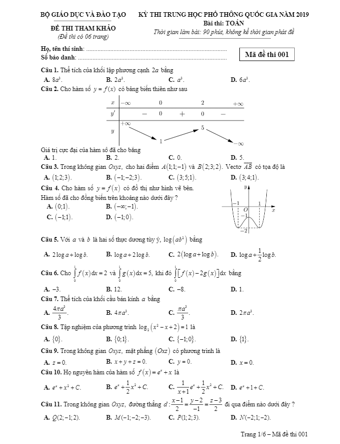 đề thi tham khảo kỳ thi trung học phổ thông quốc gia năm 2019 môn toán