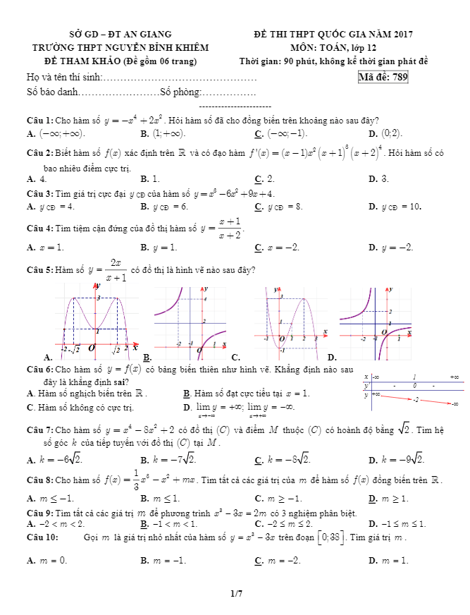 đề thi tham khảo thpt quốc gia 2017 môn toán trường thpt nguyễn bỉnh khiêm – an giang