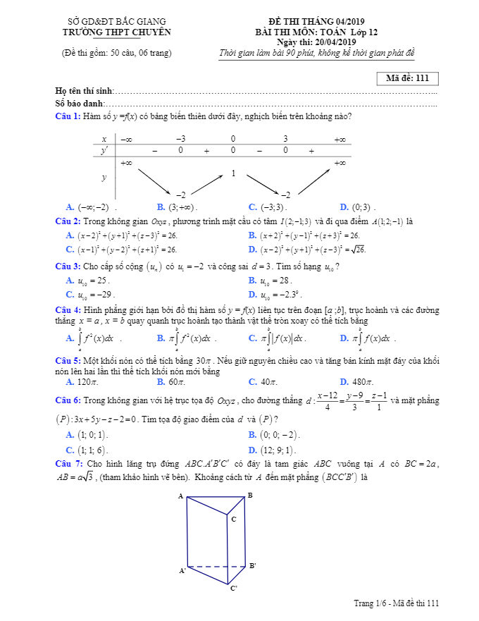 đề thi tháng 04/2019 môn toán 12 trường thpt chuyên bắc giang
