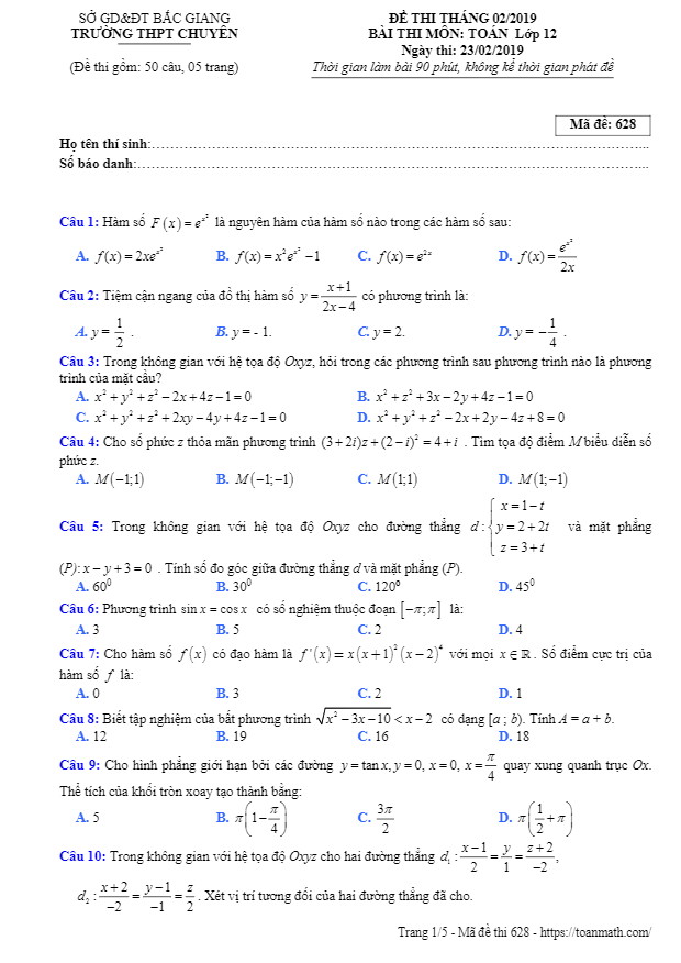 đề thi tháng 2/2019 môn toán 12 trường thpt chuyên bắc giang