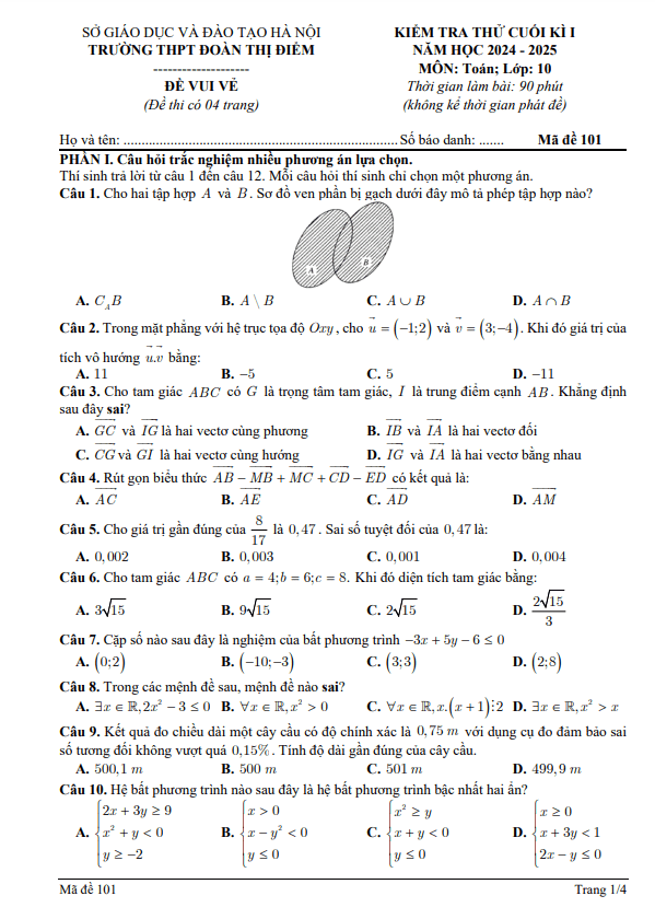 đề thi thử cuối kì 1 toán 10 năm 2024 – 2025 trường thpt đoàn thị điểm – hà nội