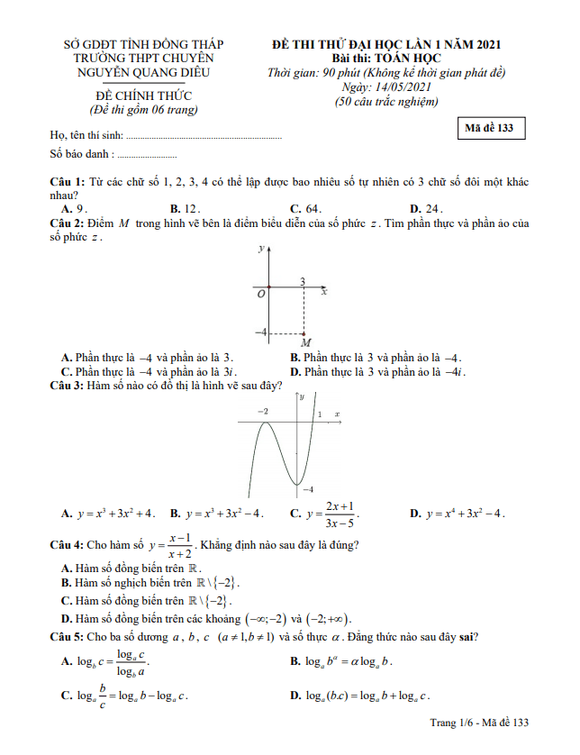 đề thi thử đại học 2021 môn toán lần 1 trường chuyên nguyễn quang diêu – đồng tháp