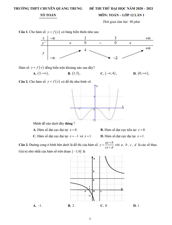 đề thi thử đại học 2021 môn toán lần 1 trường chuyên quang trung – bình phước