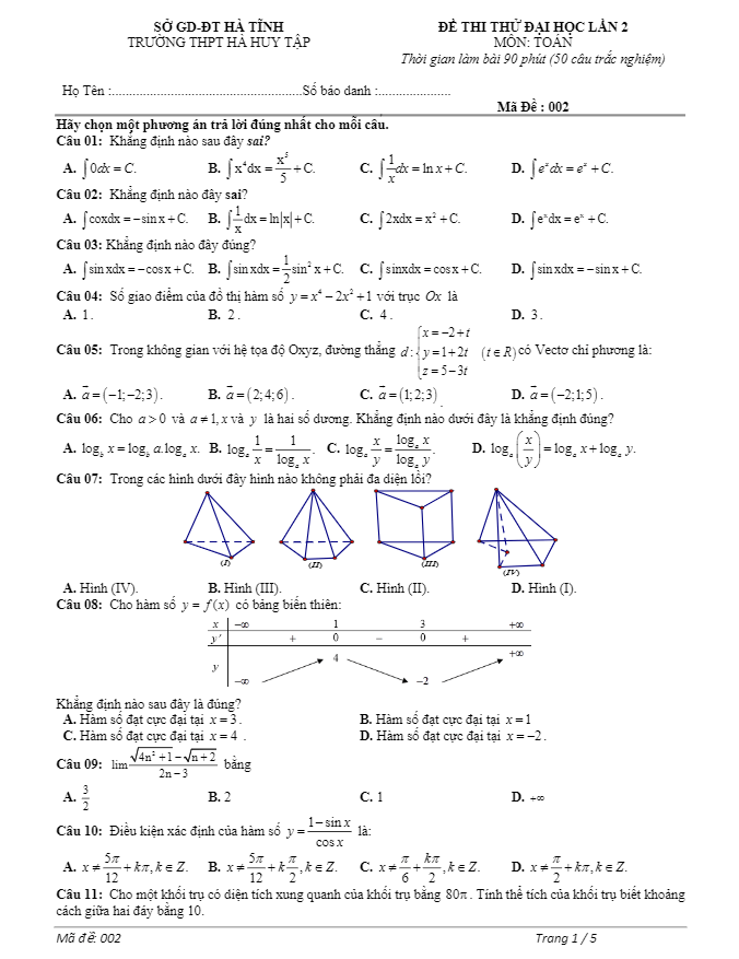 đề thi thử đại học môn toán lần 2 trường thpt hà huy tập – hà tĩnh