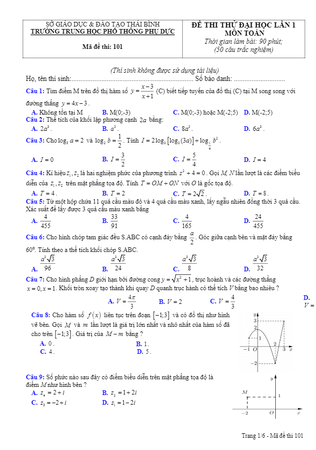 đề thi thử đại học năm 2019 lần 1 môn toán trường thpt phụ dực – thái bình