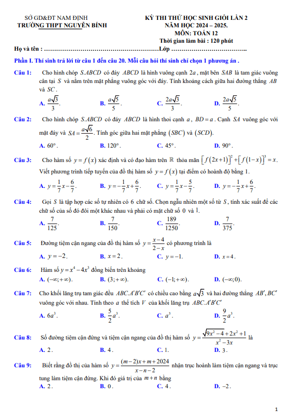 đề thi thử hsg toán 12 lần 2 năm 2024 – 2025 trường thpt nguyễn bính – nam định