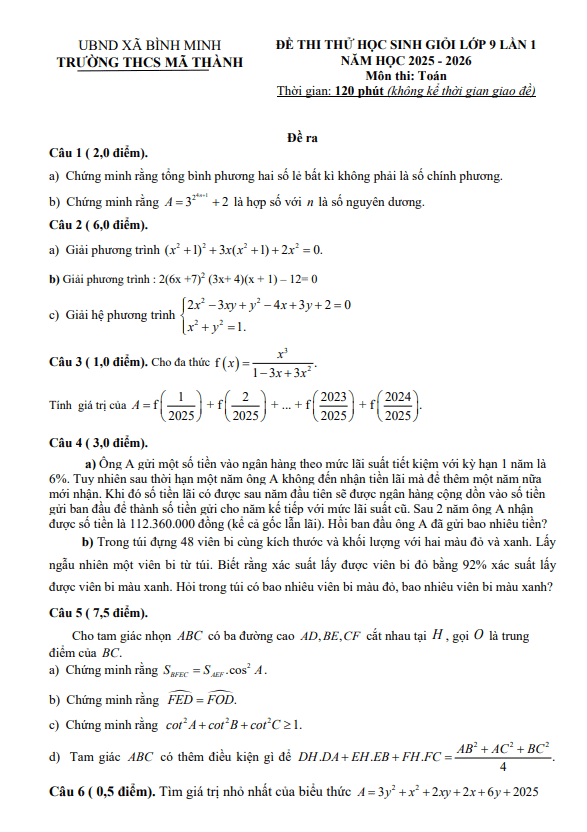 đề thi thử hsg toán 9 lần 1 năm 2025 – 2026 trường thcs mã thành – nghệ an
