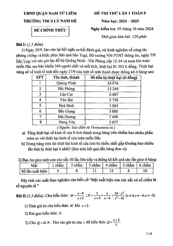 đề thi thử lần 1 toán 9 năm 2024 – 2025 trường thcs lý nam đế – hà nội