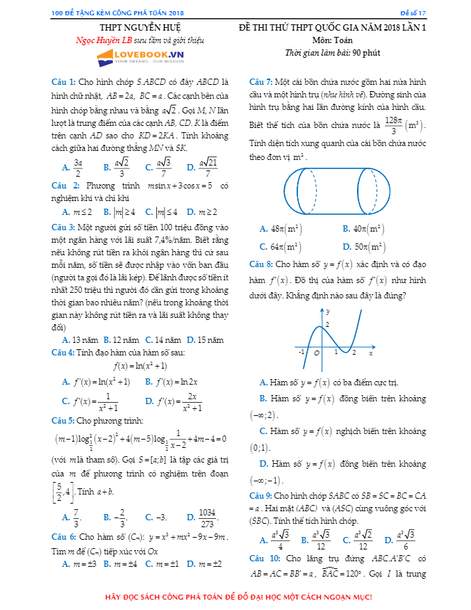 đề thi thử môn toán 2018 lần 1 trường thpt nguyễn huệ – ninh bình