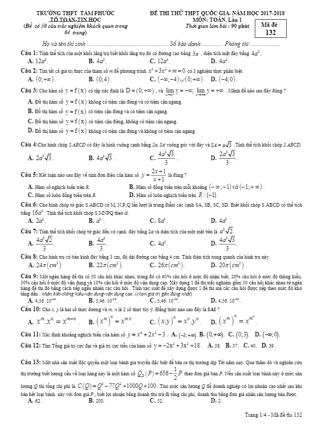 đề thi thử môn toán 2018 lần 1 trường thpt tam phước – đồng nai