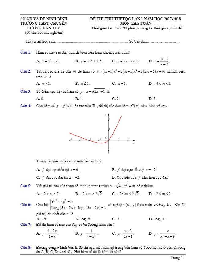 đề thi thử môn toán 2018 thpt quốc gia lần 1 trường thpt chuyên lương văn tụy – ninh bình