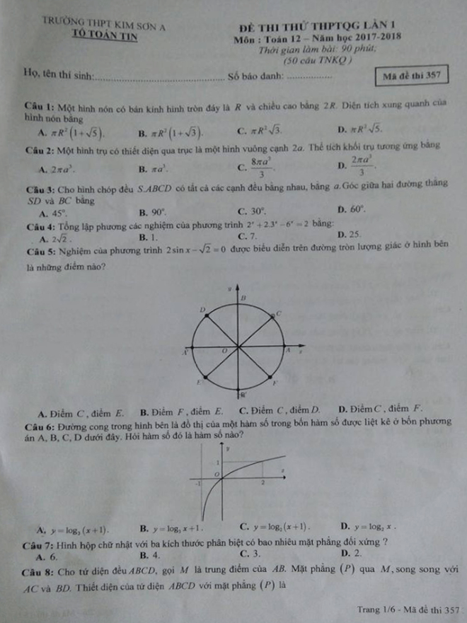 đề thi thử môn toán 2018 thpt quốc gia lần 1 trường thpt kim sơn a – ninh bình