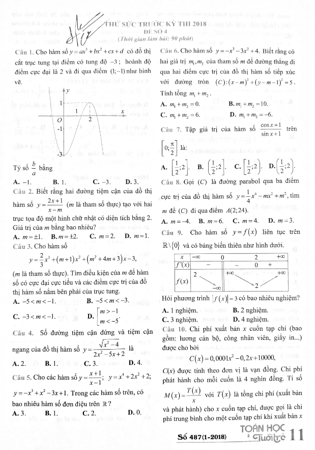 đề thi thử môn toán 2018 thpt quốc gia – tạp chí toán học tuổi trẻ lần 4