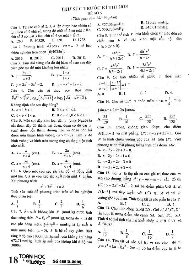 đề thi thử môn toán 2018 thpt quốc gia – tạp chí toán học tuổi trẻ lần 5
