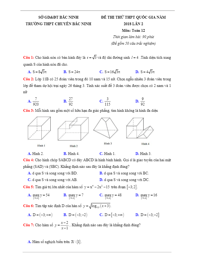 đề thi thử môn toán 2018 thpt quốc gia trường thpt chuyên bắc ninh lần 2