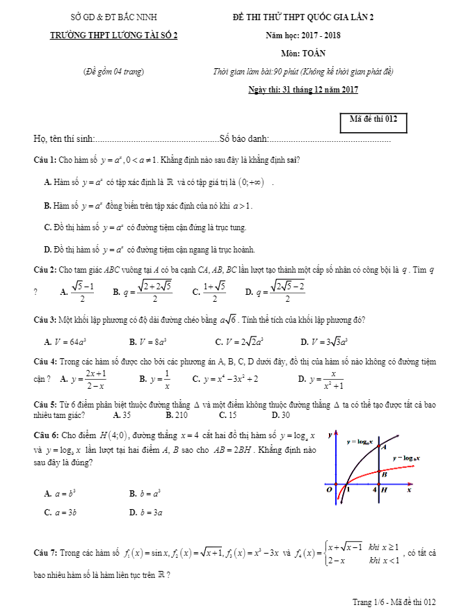 đề thi thử môn toán 2018 thpt quốc gia trường thpt lương tài 2 – bắc ninh lần 2