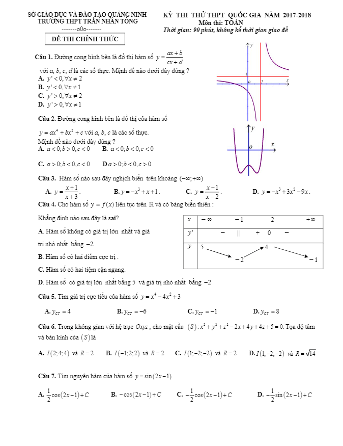 đề thi thử môn toán 2018 thpt quốc gia trường trần nhân tông – quảng ninh
